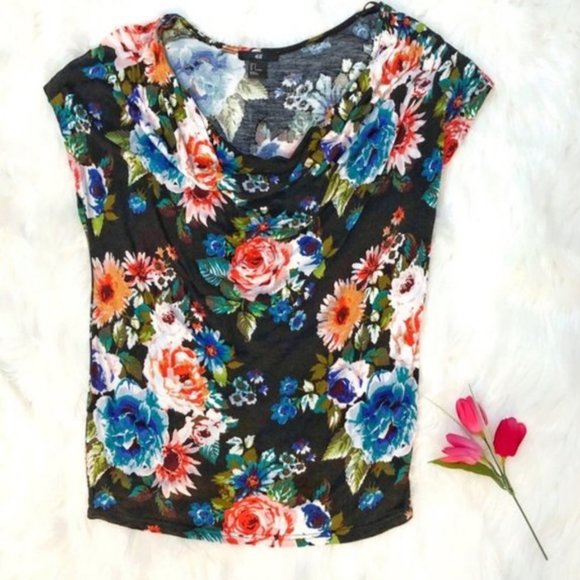 H&M Deep V Draped Short Sleeve Blouse Floral Top - Picture 1 of 8